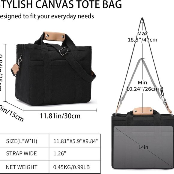 Canvas Tote Bag Women Large Multi Pockets Crossbody Shoulder Work Purse - Picture 3 of 6